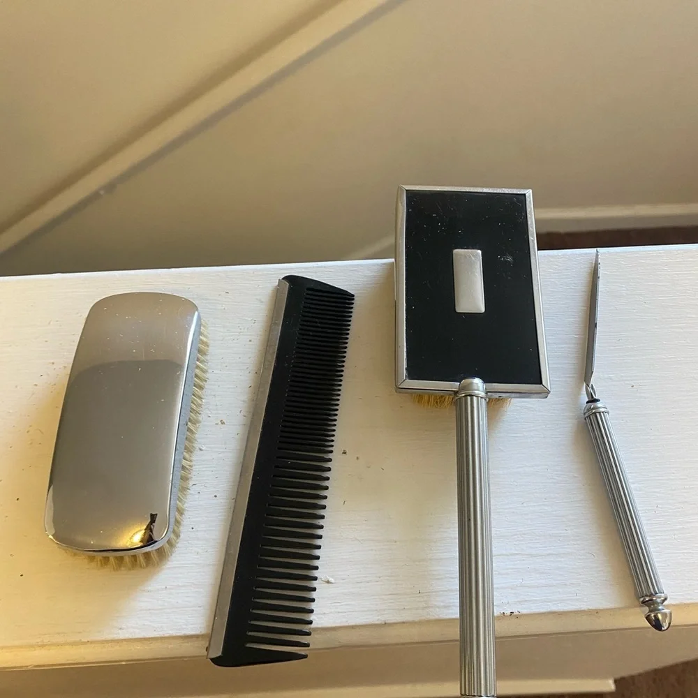 2 FOR $20 Vintage Vanity Set 2 Brushes, Comb, Nail File Silver VTG Victorian